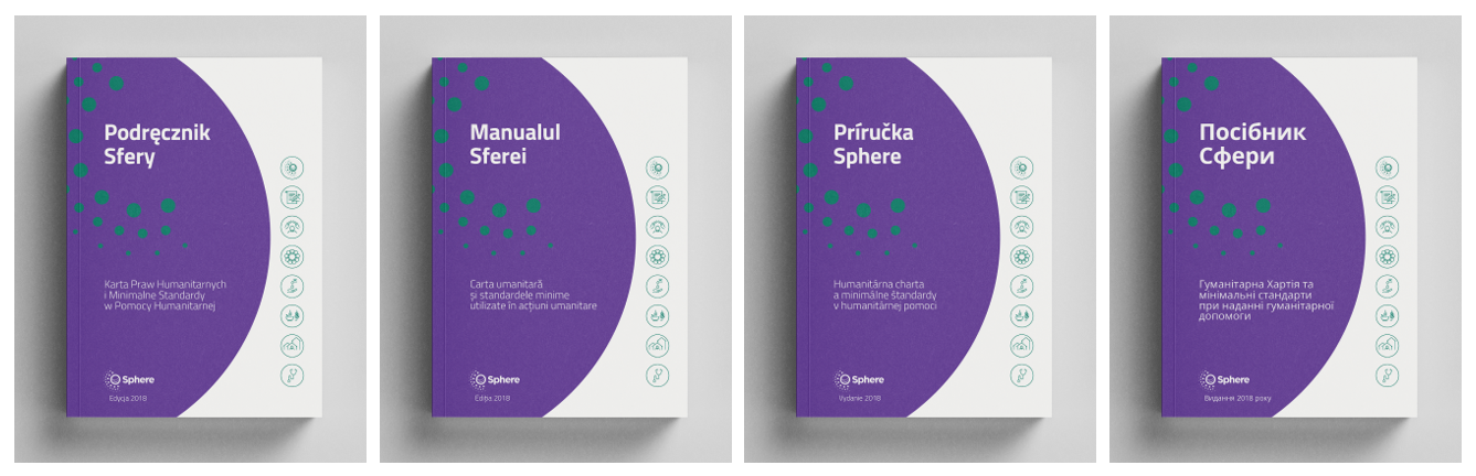 Photorealistic mock-ups of the front covers the Sphere Handbook in Slovak, Romanian, Polish and Ukrainian.