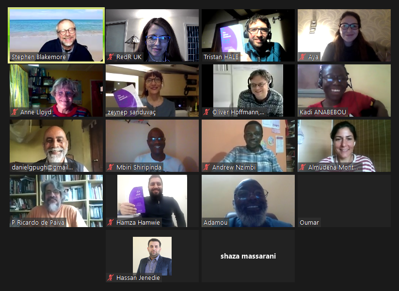 A screenshot of Zoom showing participants during one of the online ToTs in online teaching methods for Sphere trainers