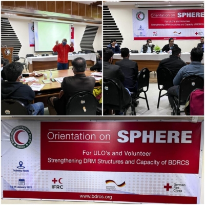 A montage of three photos: The first shows a trainer in action. The 2nd shows a panel session. The third is a close up of the event banner which reads "Orientation on Sphere: For ULO's and Volunteer. Strengthening DRM Structures and Capacity for BDRCS"